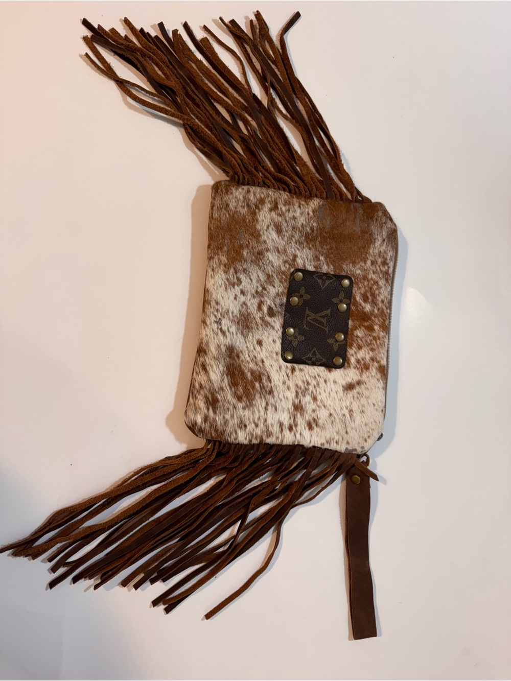 Fringed Cowhide Crossbody Clutch in Brown and White